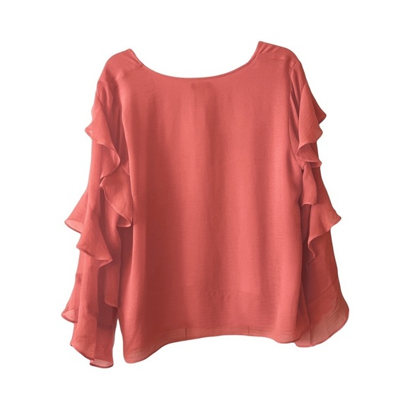 Vince Camuto | Peach Ruffle Sleeve V-Neck Chiffon Button Front Blouse, Medium - Picture 3 of 7